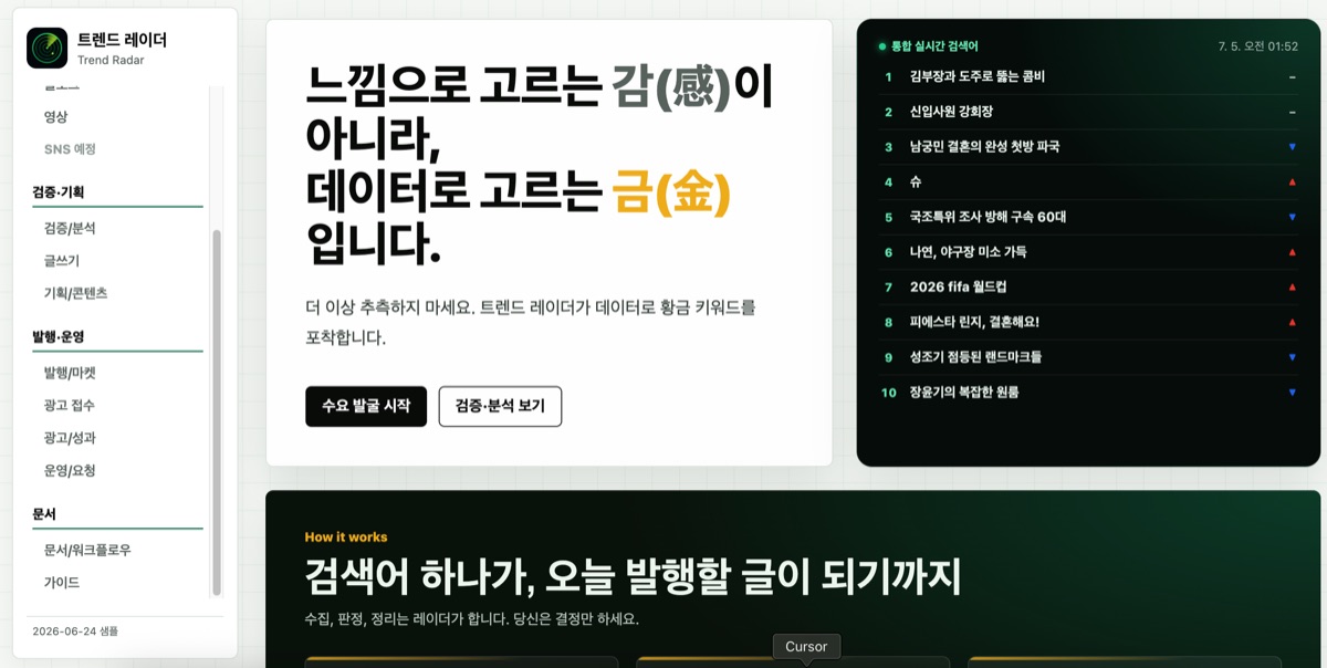 트렌드 레이더 홈 화면 — 실시간 검색어와 워크플로우 안내
