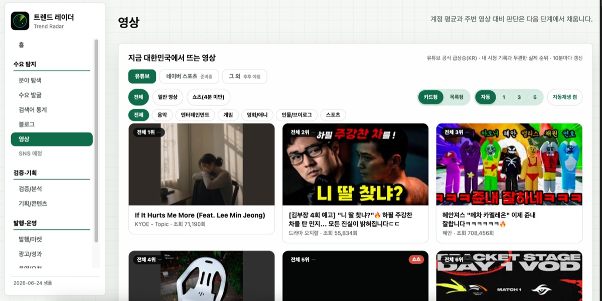 영상 탭 — 유튜브 급상승 피드와 카테고리 분류
